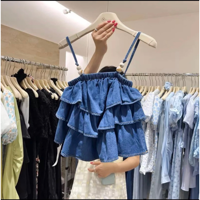 Áo 2 dây denim bèo tầng hàng Qc