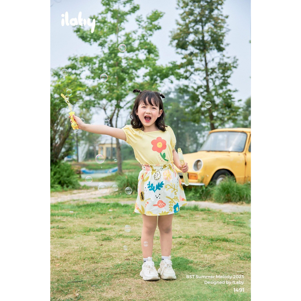 Bộ áo váy bé gái ILABY áo thun in hình kèm chân váy thô hoa chất liệu cotton 4 chiều co dãn ÁO+CHÂN VÁY 2-