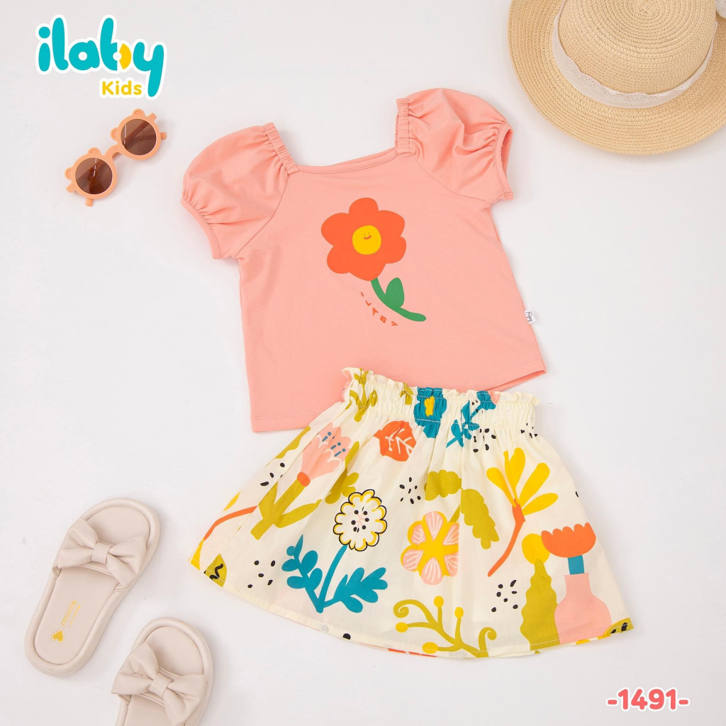 Bộ áo váy bé gái ILABY áo thun in hình kèm chân váy thô hoa chất liệu cotton 4 chiều co dãn ÁO+CHÂN VÁY 2-