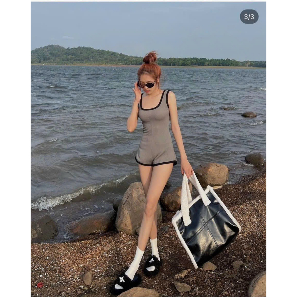 [6.6 Sales Freeship] Jumsuilt body 2 dây màu đen cổ tròn phối viền tôn dáng, jum đùi đi biển ba lỗ nhiều màu quyến rũ dx