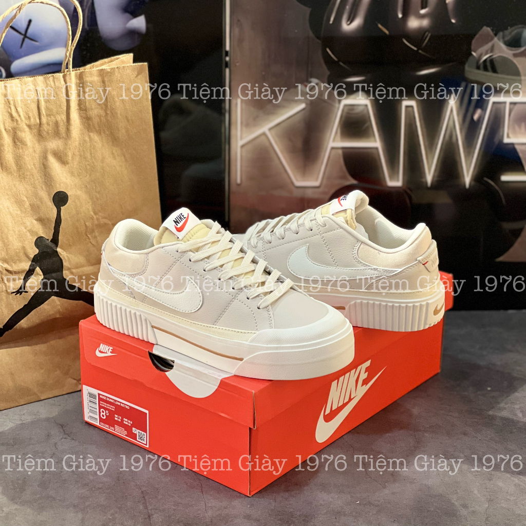 Giày Thể Thao Vintage Court Legacy Lift Pearl White Phantom Nikee Độn Đế Trắng Sữa Vạch Trắng