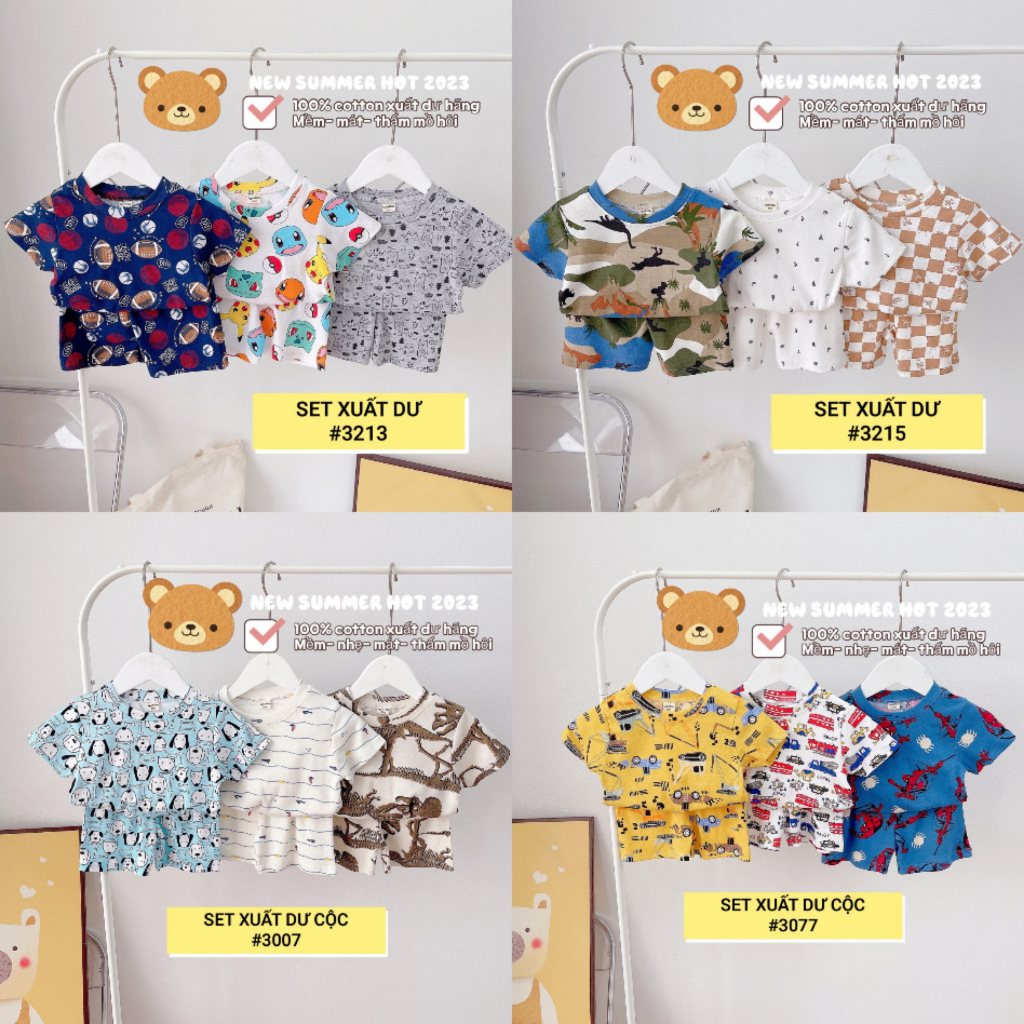 (8-17kg) Set 3 bộ Cotton xuất dư cho bé trai- Bộ cotton cộc tay mùa hè