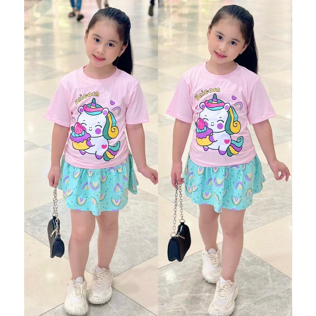 [09-22kg]Set áo váy bé gái chất cotton mịn mát, Bộ váy kèm quần chip in hoạt hình siêu dễ thương, quần áo trẻ em