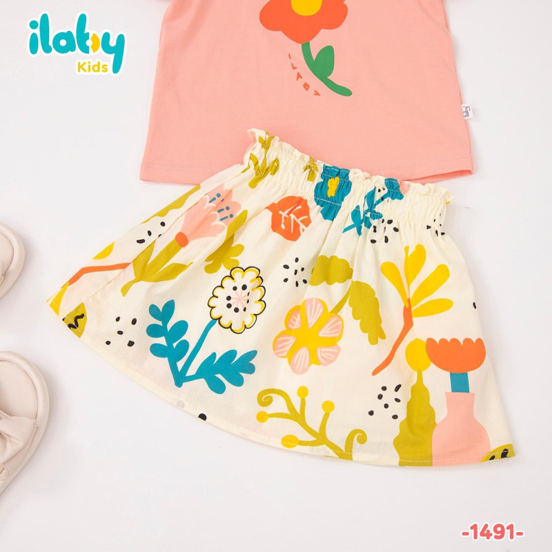 Bộ áo váy bé gái ILABY áo thun in hình kèm chân váy thô hoa chất liệu cotton 4 chiều co dãn ÁO+CHÂN VÁY 2-