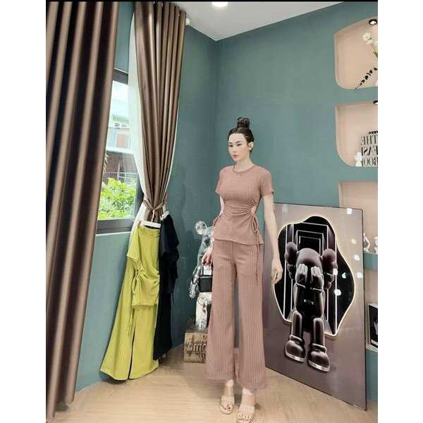 [6.6 Sales Freeship] Bộ thun xốp basic trơn màu quần dài, set áo cổ tròn rút eo 2 bên hông mix quần dài ống suông mtb