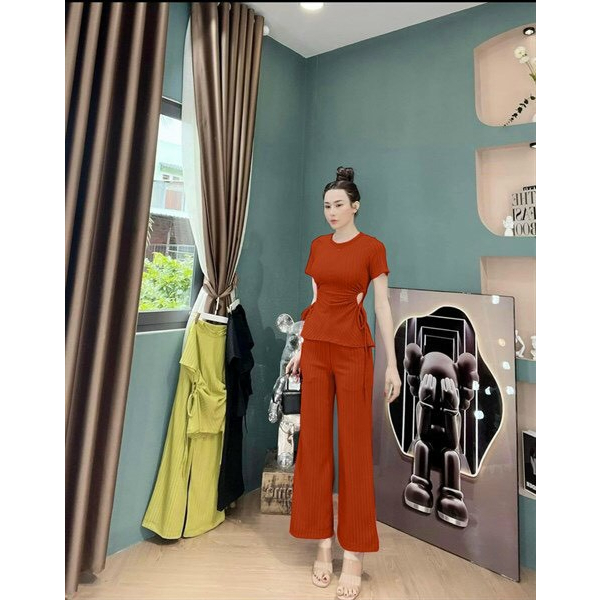 [6.6 Sales Freeship] Bộ thun xốp basic trơn màu quần dài, set áo cổ tròn rút eo 2 bên hông mix quần dài ống suông mtb