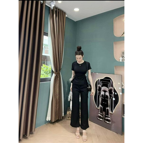 [6.6 Sales Freeship] Bộ thun xốp basic trơn màu quần dài, set áo cổ tròn rút eo 2 bên hông mix quần dài ống suông mtb