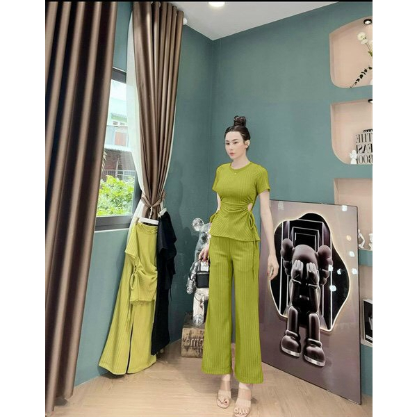 [6.6 Sales Freeship] Bộ thun xốp basic trơn màu quần dài, set áo cổ tròn rút eo 2 bên hông mix quần dài ống suông mtb