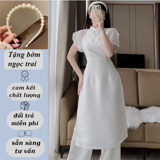 Bộ Áo Dài thiết kế lụa Tafta Cao Cấp đính ngọc, hoa đính nổi, ngắn tay, áo dài cách tân by Lâm Anh