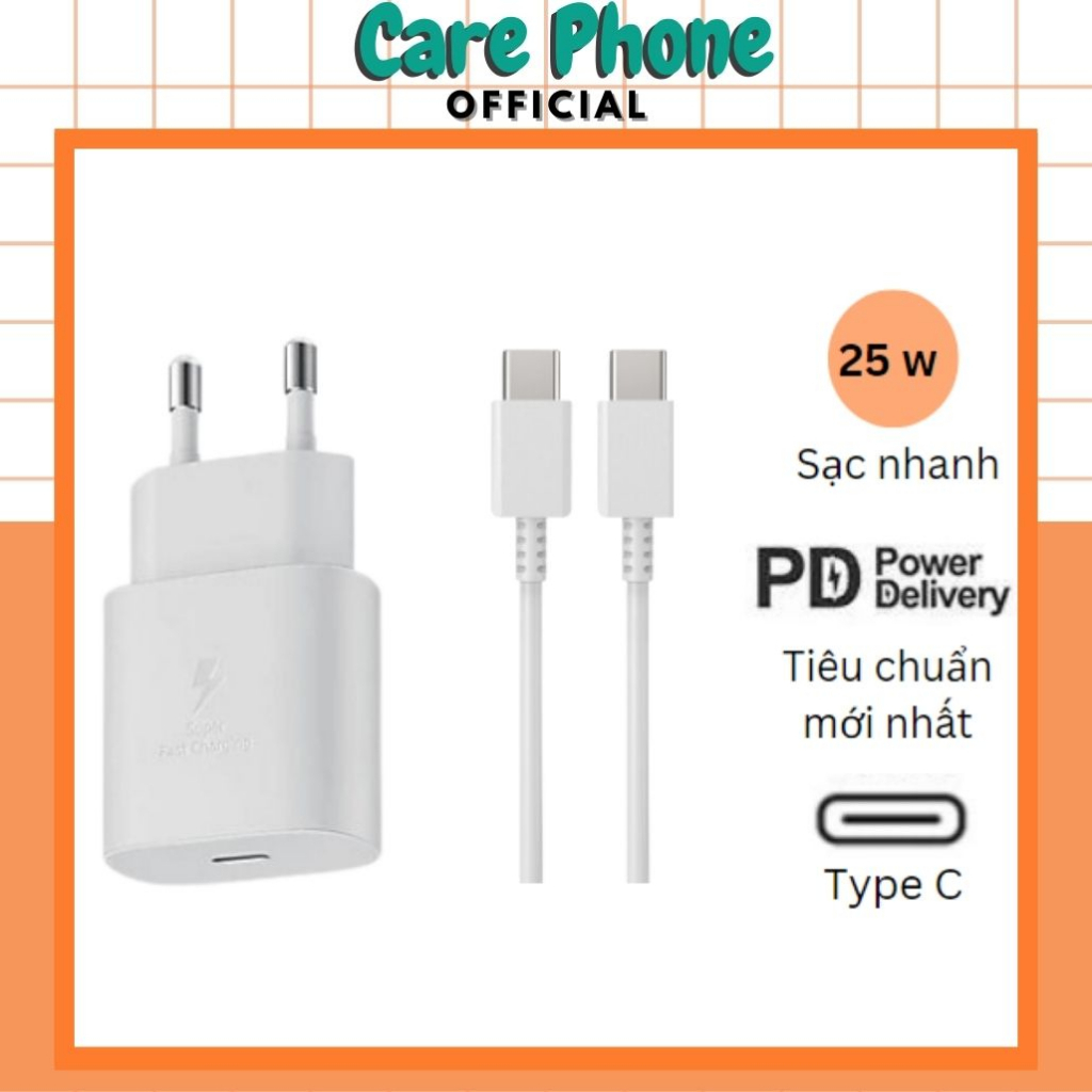 Bộ Sạc nhanh Samsung 25W Cổng Type C Note 10 Note 20 A71, A70, A80, A90, S20, S20+, S20 Ultra -CarePhone