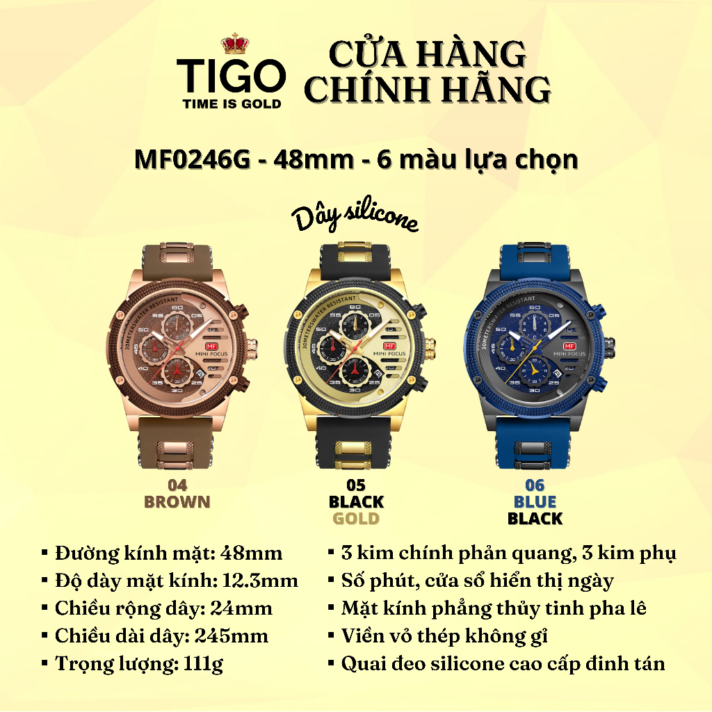 Đồng Hồ Nam MINI FOCUS MF0246G.06 Dây Silicone Xanh Mặt Xanh Thép Không Gỉ Cao Cấp Mặt Tròn Đường Kính 48mm Chống Nước