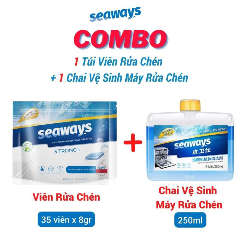 1 Bịch Viên Rửa Chén Seaways 35 viên + 1 Chai Vệ Sinh Máy Rửa Chén Seaways250ml