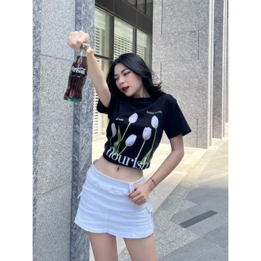 Áo phông babytee nữ ,áo thun ngắn tay cổ tròn chất cotton tuylip flouris Grey hottrend mùa hè 2023