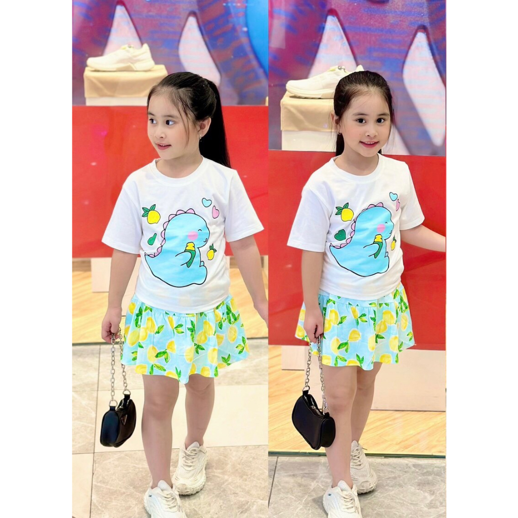 [09-22kg]Set áo váy bé gái chất cotton mịn mát, Bộ váy kèm quần chip in hoạt hình siêu dễ thương, quần áo trẻ em