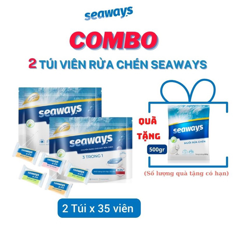 - 2 Bịch Viên Rửa Chén Seaways Dành Cho Mọi Loại Máy Rửa Chén - Tặng 1 Bịch Muối Làm Mềm Nước 500gr