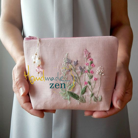(Túi vải Linen thêu sẵn) Túi rút Ví Nữ Cầm tay Thêu Tay Thủ Công- thêu hoa mùa xuân Túi Thêu May Sẵn - Zen Handmade