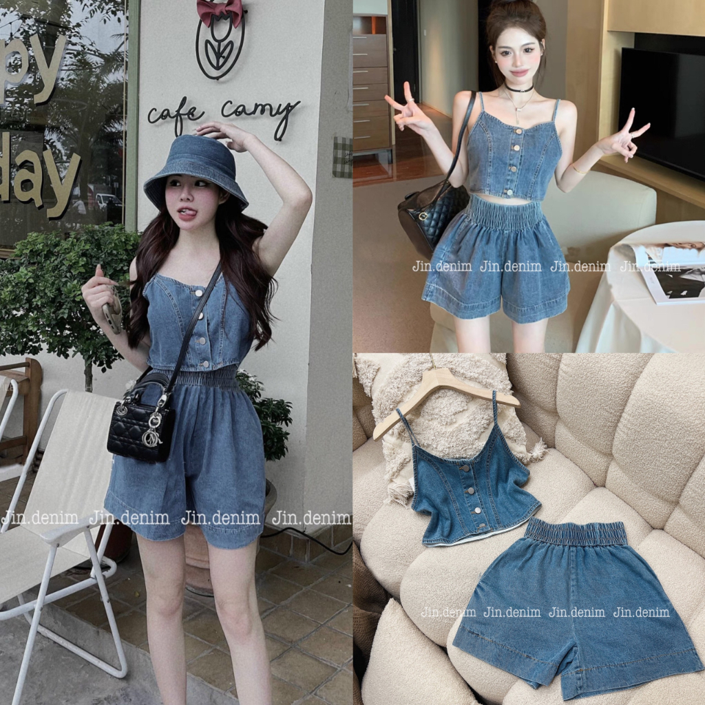 Set áo bò 2 dây, váy đầm bò jean 2 dây denim , quần đùi sooc bò jean cạp cao thiết kế tiểu thư 025