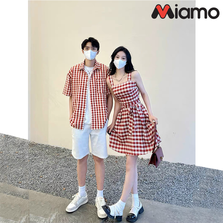 Set đồ đôi áo sơ mi nam - đầm nữ đỏ caro thiết kế thời trang Miamo MO01