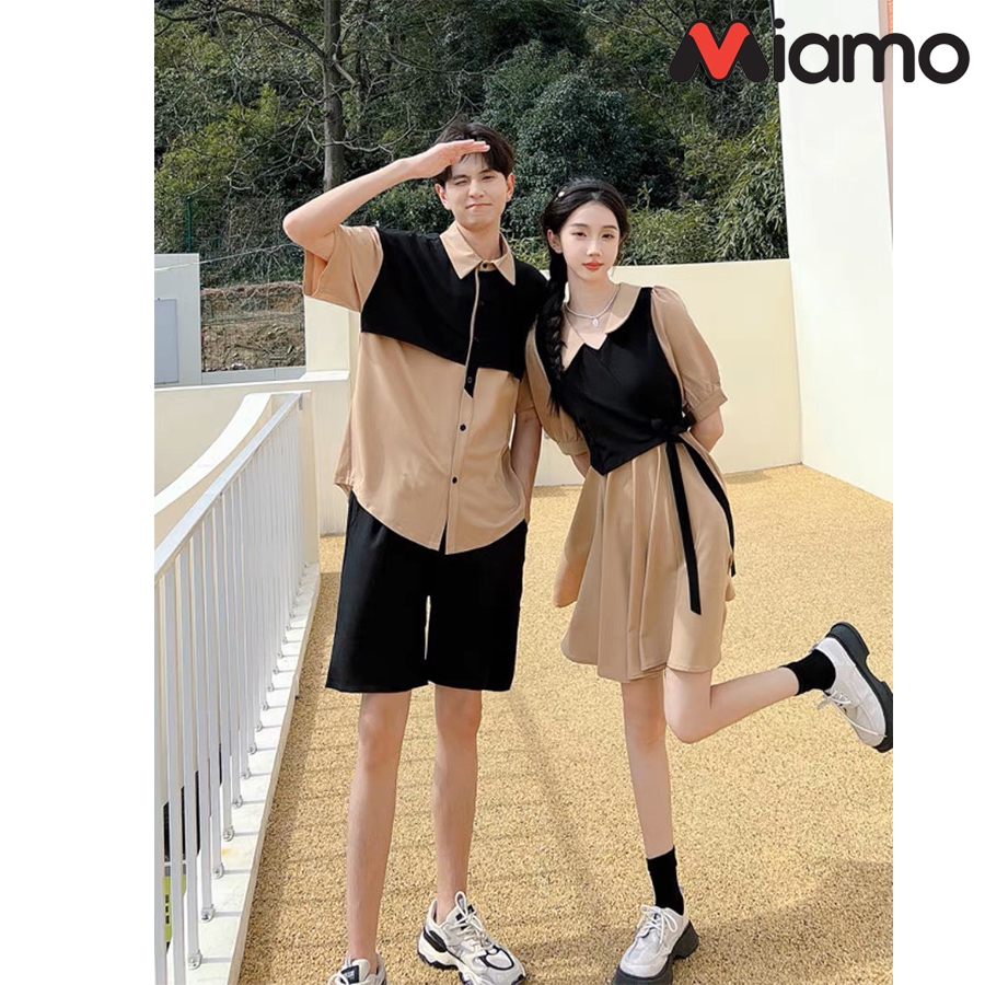 Set đồ đôi áo sơ mi nam - đầm nữ nâu đen cao cấp thiết kế thời trang Miamo MO200