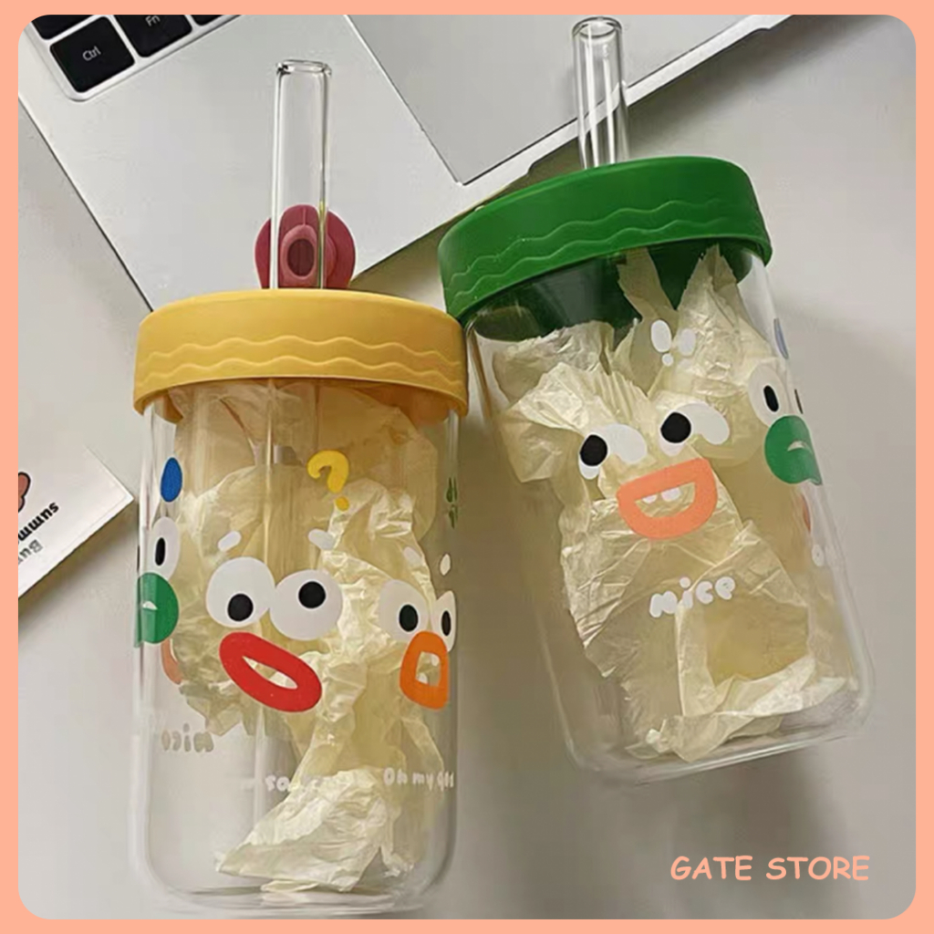 Cốc uống nước hình cậu bé mắt to mùa hè kèm ống hút B008