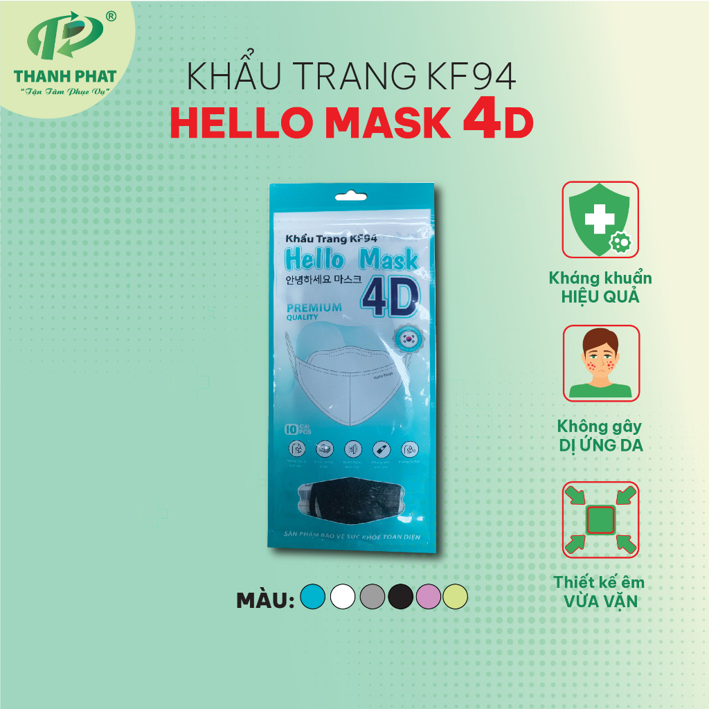 Khẩu Trang Cao Cấp 4D HELLO MASK Thiết Kế Vừa Vặn KF94 Túi 10 Cái