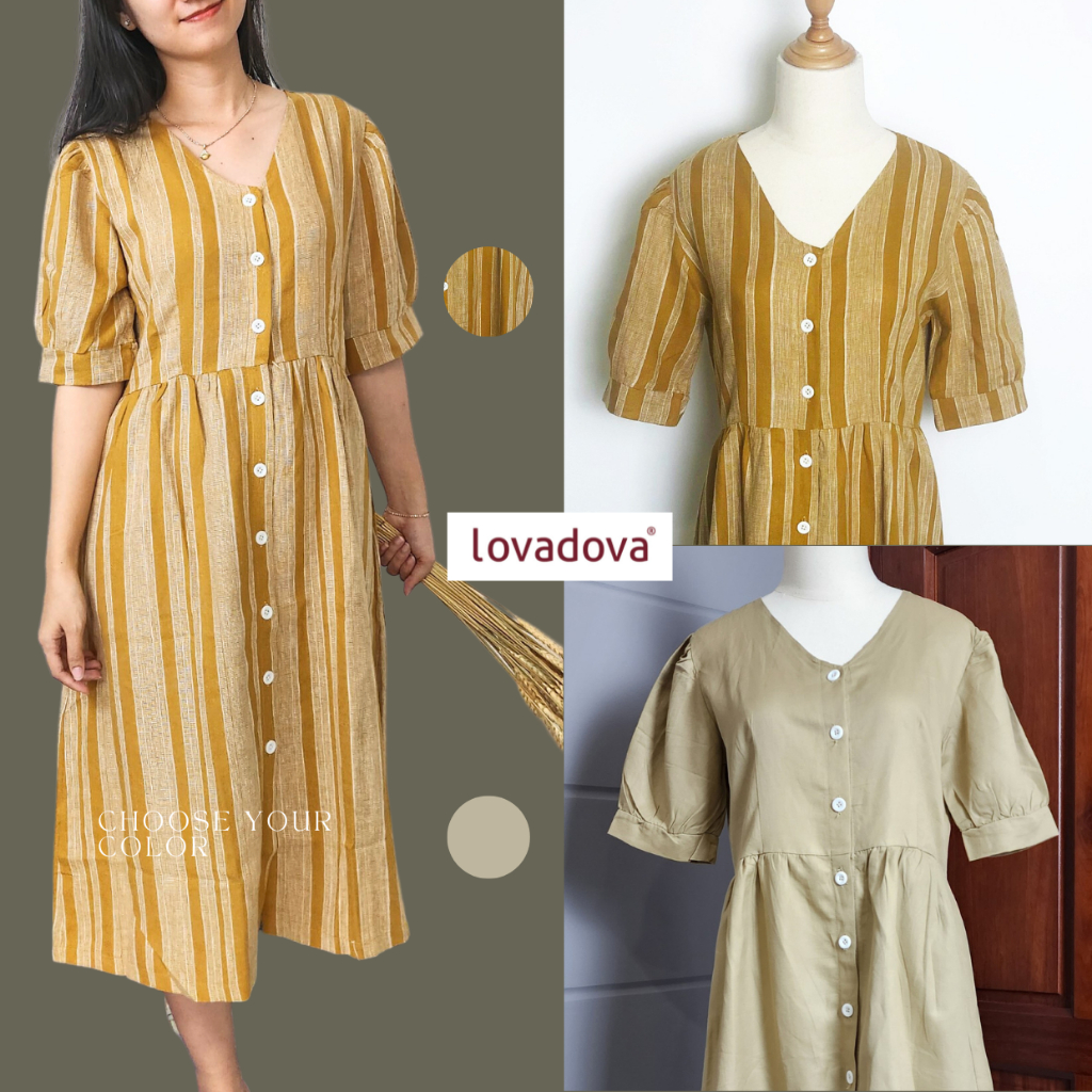 Đầm suông cổ tim tay nhún - Lovadova 23D03C005