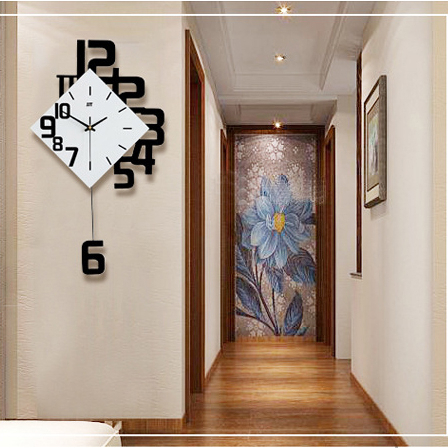 Size Lớn - Đồng hồ treo tường decor hình thoi trang trí số màu trắng đen, Đồng hồ kim trôi treo tường - DHTT533