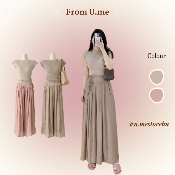 (Có tách set) Set áo thun monotogi kèm quần suông đũi 2 lớp chun lưng kèm dây thắt nơ Hàn Quốc