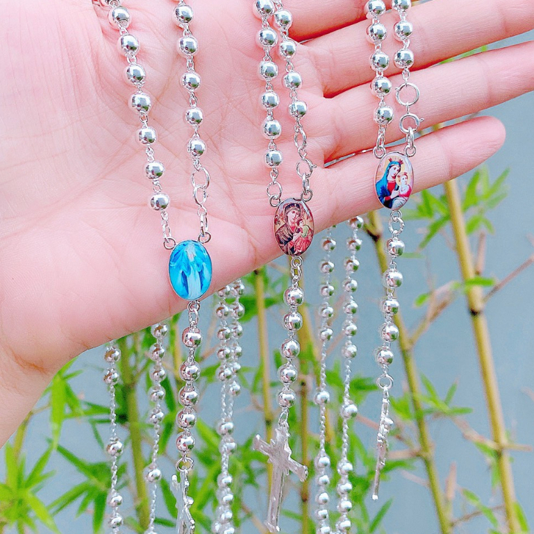 Chuỗi tràng hạt mân côi Công Giáo bạc ta nguyên chất 50 hạt (4ly), dây chuyền bạc mặt Thánh Giá
