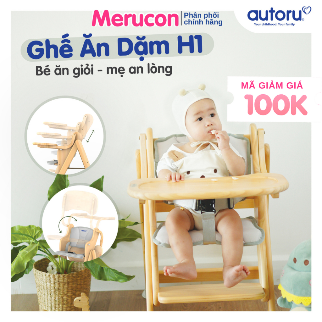 Ghế ăn dặm cho bé Autoru chất liệu gỗ cho bé từ 6 tháng tuổi, sơn chống ẩm mốc chuẩn Châu Âu, thiết kế chống đổ ngã H1