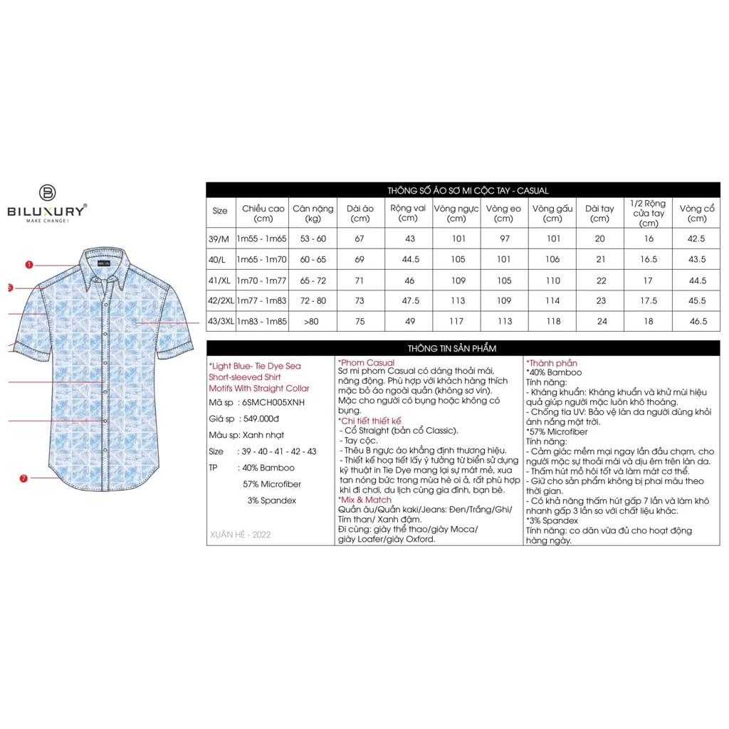 Áo Sơ Mi Ngắn Tay Từ Sợi Tre, Kháng Khuẩn, Mềm Mịn, Thấm Hút Tốt 6SMCH005XNH