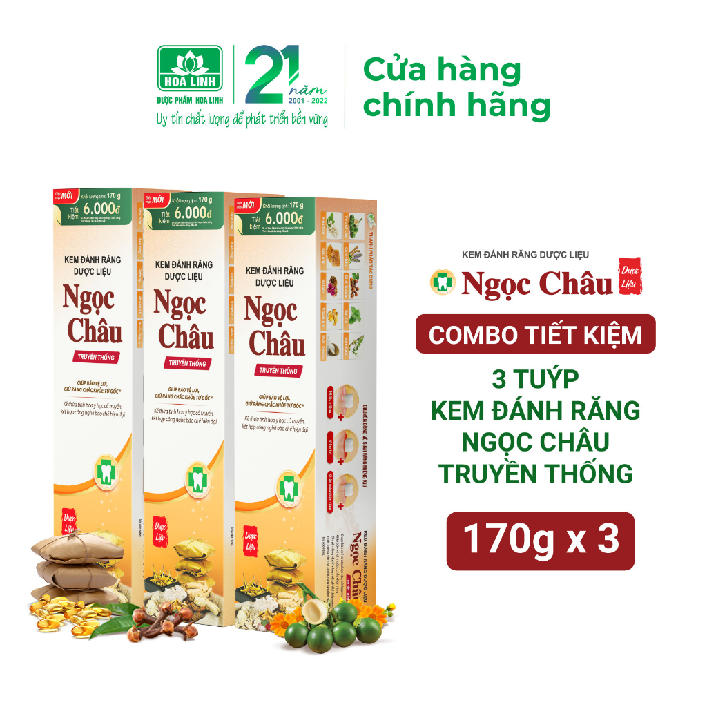 Bộ 3 tuýp Kem đánh răng dược liệu Ngọc Châu Truyền thống 170g