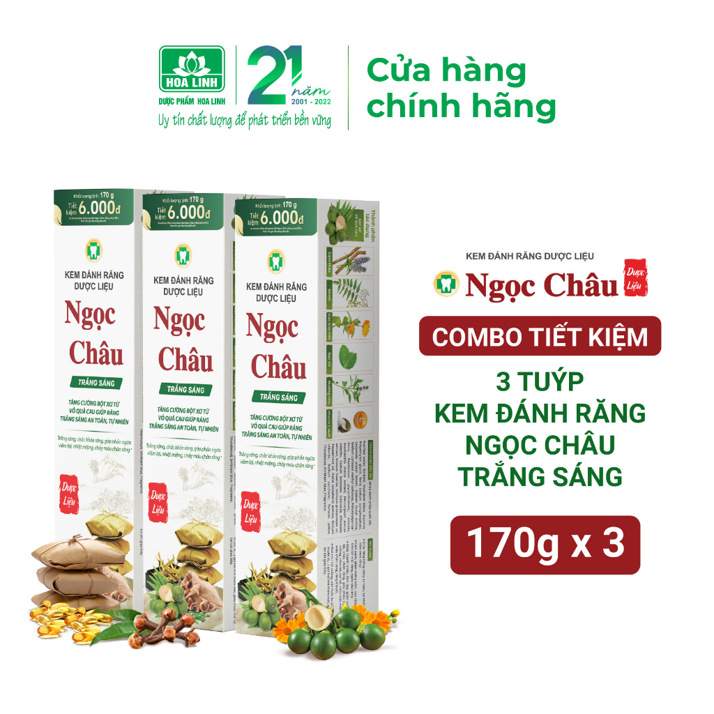 Bộ 3 tuýp Kem Đánh Răng Dược Liệu Ngọc Châu Trắng Sáng 170g