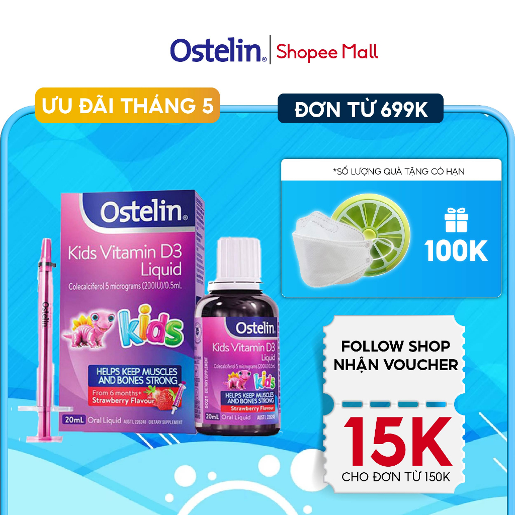Siro dạng nước bổ sung Vitamin D dạng nước cho trẻ Ostelin Kids Liquid 20ml của Úc