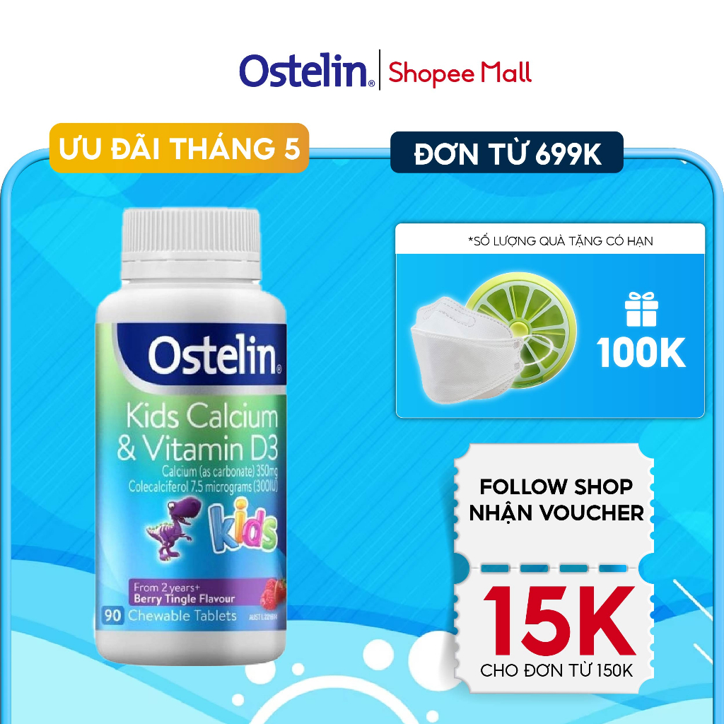 Viên nhai bổ sung vitamin D và canxi Vitamin D & Calcium Ostelin Kids cho bé 90 viên của Úc