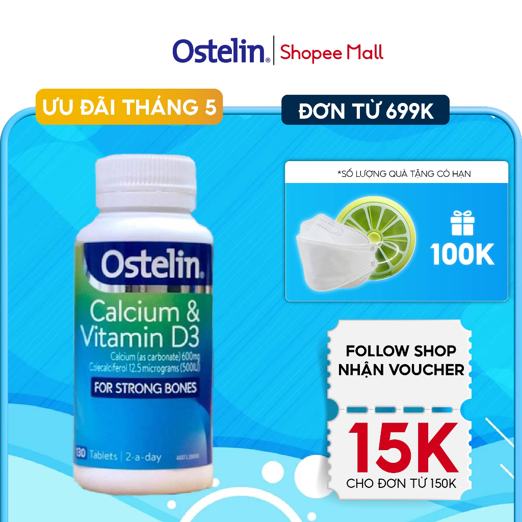 Viên uống bổ sung Canxi và Vitamin D3 cho mẹ bầu Ostelin Calcium & Vitamin D3 130 viên của Úc