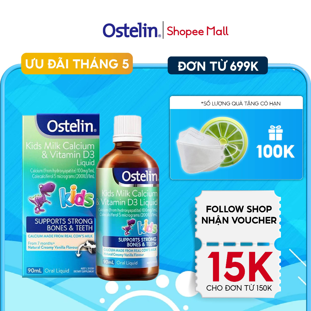 Ostelin bổ sung canxi cho bé và vitamin D3 Kids Milk Calcium & Vitamin D3 Liquid 90ml của Úc