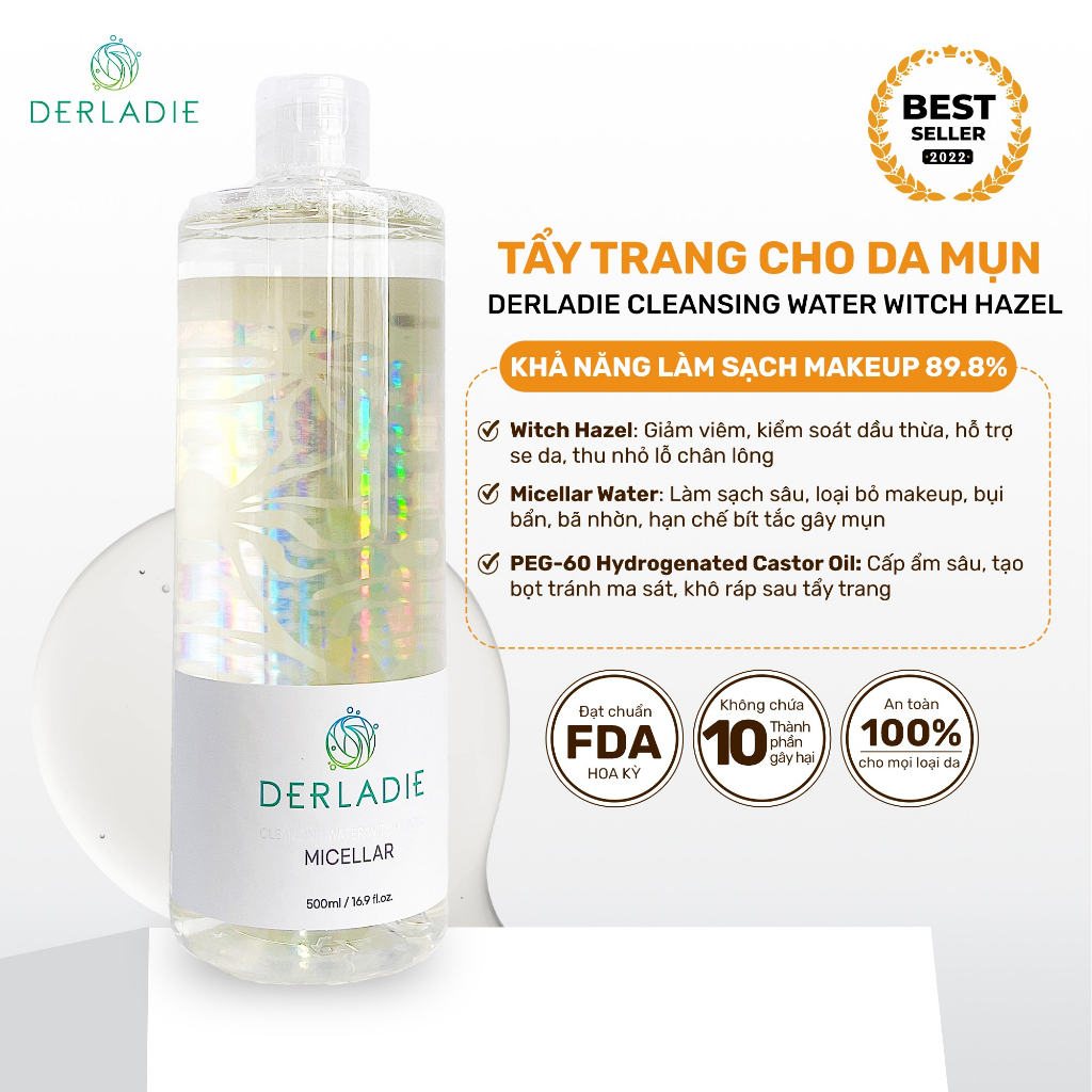 Bộ sản phẩm Tẩy trang, Serum, Kem dưỡng Derladie Witch Hazel làm sạch, ngừa mụn, giảm thâm, làm đầy sẹo rỗ