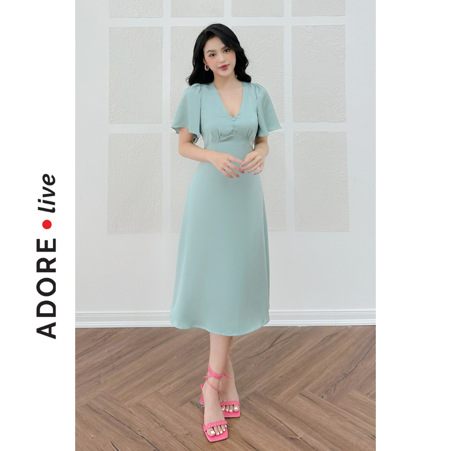 Đầm Midi lụa cổ v lụa 2 màu 2LVA2046 ADORE DRESS