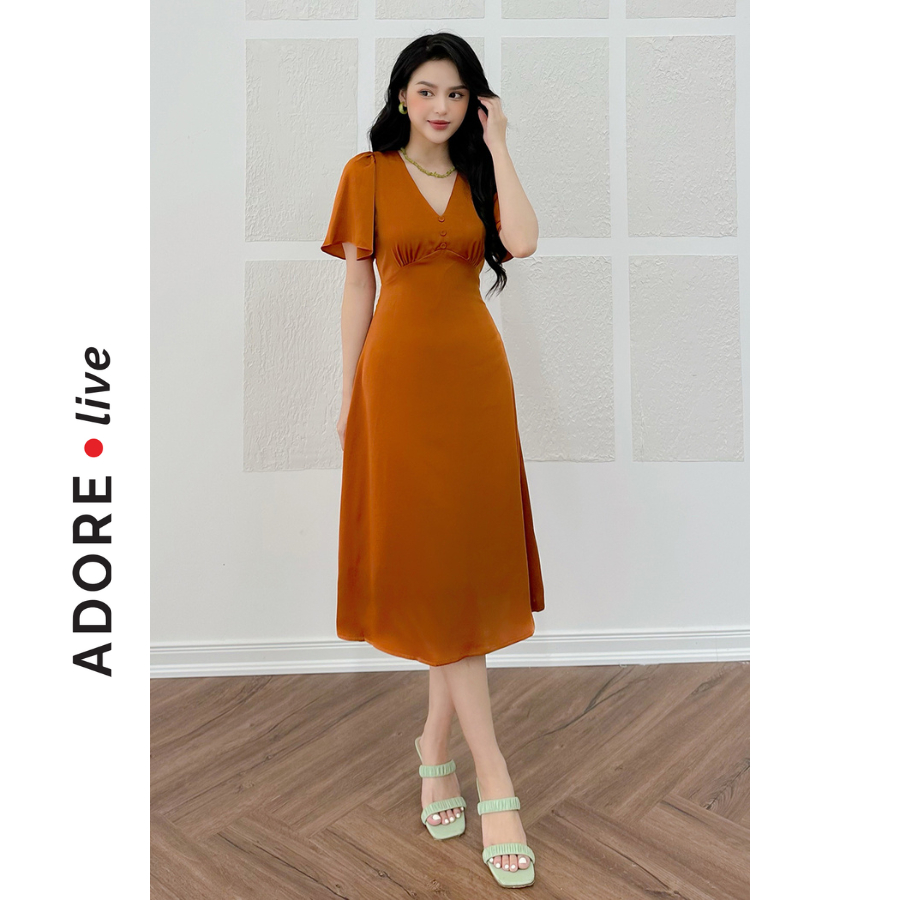 Đầm Midi lụa cổ v lụa 2 màu 2LVA2046 ADORE DRESS