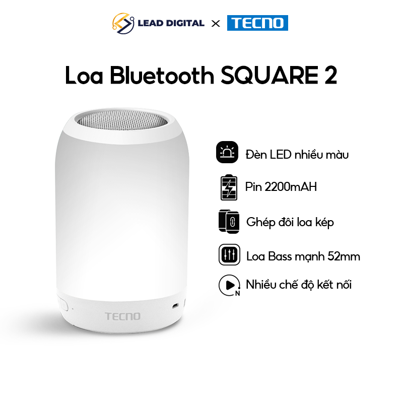 Loa Bluetooth TECNO SQUARE S2 | Loa Bass mạnh 52mm | Pin 2220 mAh | Đèn Led nhiều màu- BẢO HÀNH CHÍNH HÃNG
