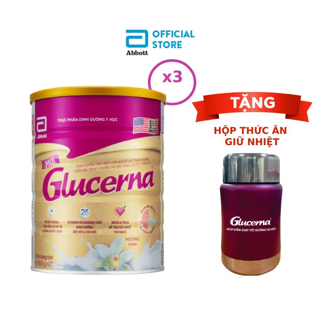 [Tặng hộp giữ nhiệt Glucerna] Combo 3 Sữa bột dành cho người bị tiểu đường Glucerna Abbott 850g/lon