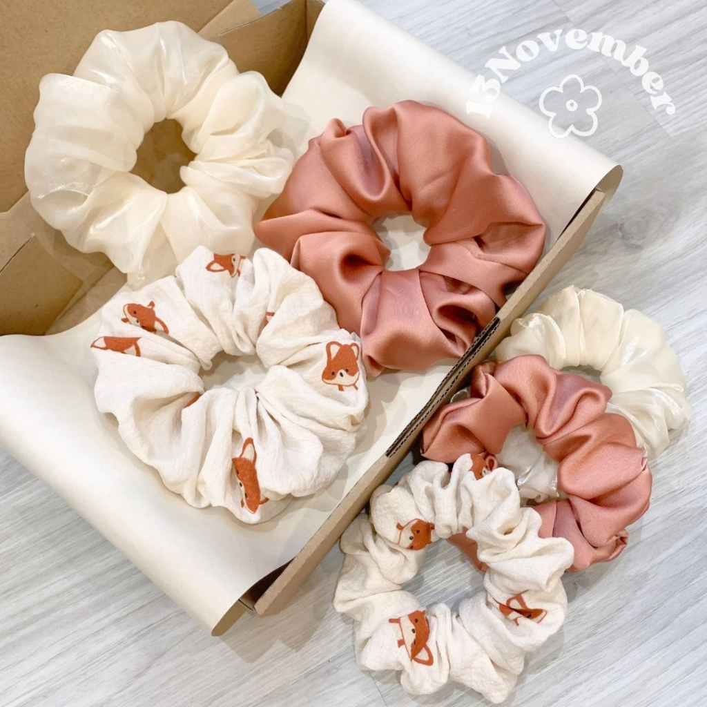 Scrunchies Set Cột Tóc Vải Hoạ Tiết Cáo Nâu Size Lớn Xinh Xắn Dễ Thương Phồng To Hot Trend Hàn Quốc