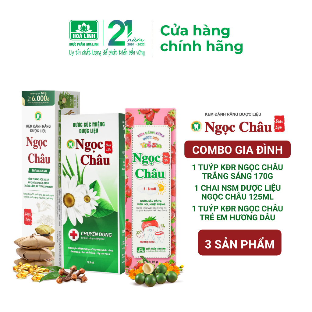 Bộ chăm sóc gia đình ( 1 KĐR Ngọc Châu trắng sáng 170g, 1 NSM Ngọc Châu 125ml, 1 KĐR Ngọc Châu trẻ em hương dâu)