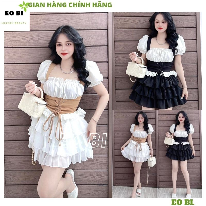 Set áo cup ngực dây rút eo phối màu chân váy tầng bồng bềnh, Bộ áo nhún ngực chiết eo tay bồng chân váy điệu đà - B71