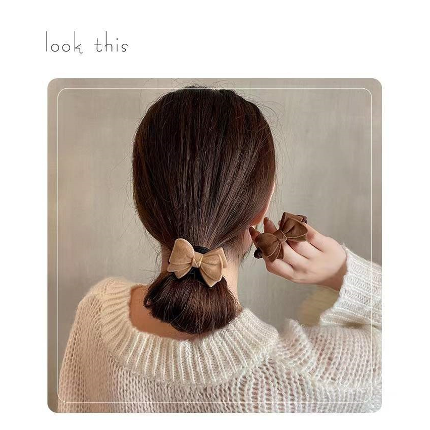 Set Dây Buộc Tóc Hình Nơ Trái Tim Màu Nâu Màu Trà Sữa Phong Cách Hàn Quốc