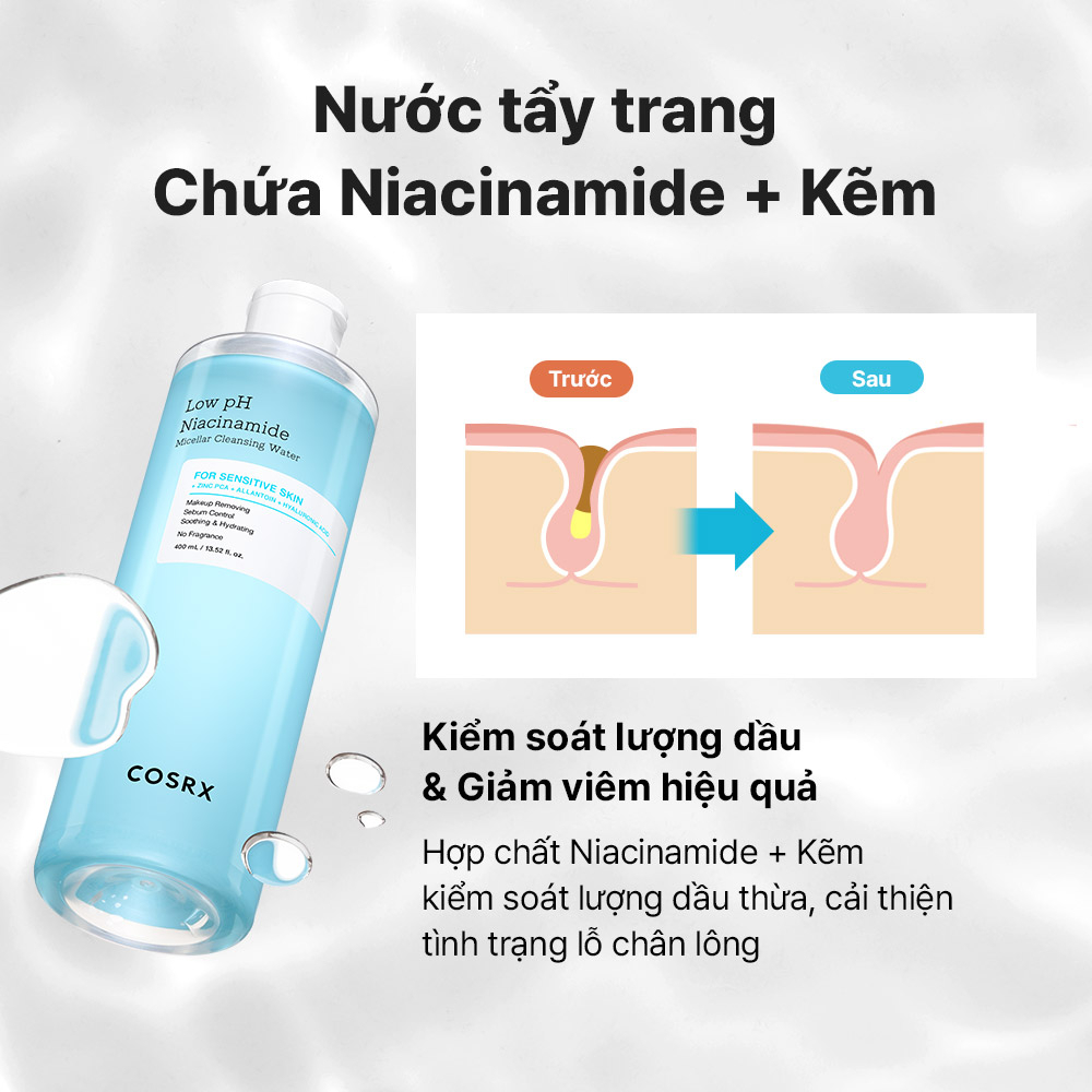 Nước tẩy trang COSRX Micellar Niacinamide làm sạch sâu dưỡng ẩm làm mềm mịn làn da 400ml