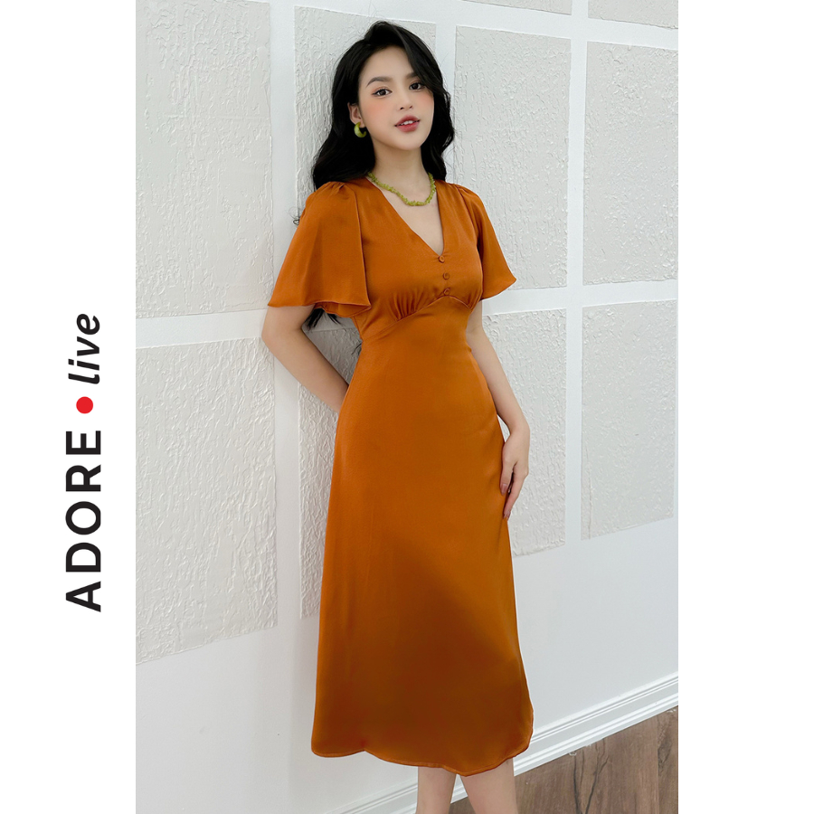 Đầm Midi lụa cổ v lụa 2 màu 2LVA2046 ADORE DRESS