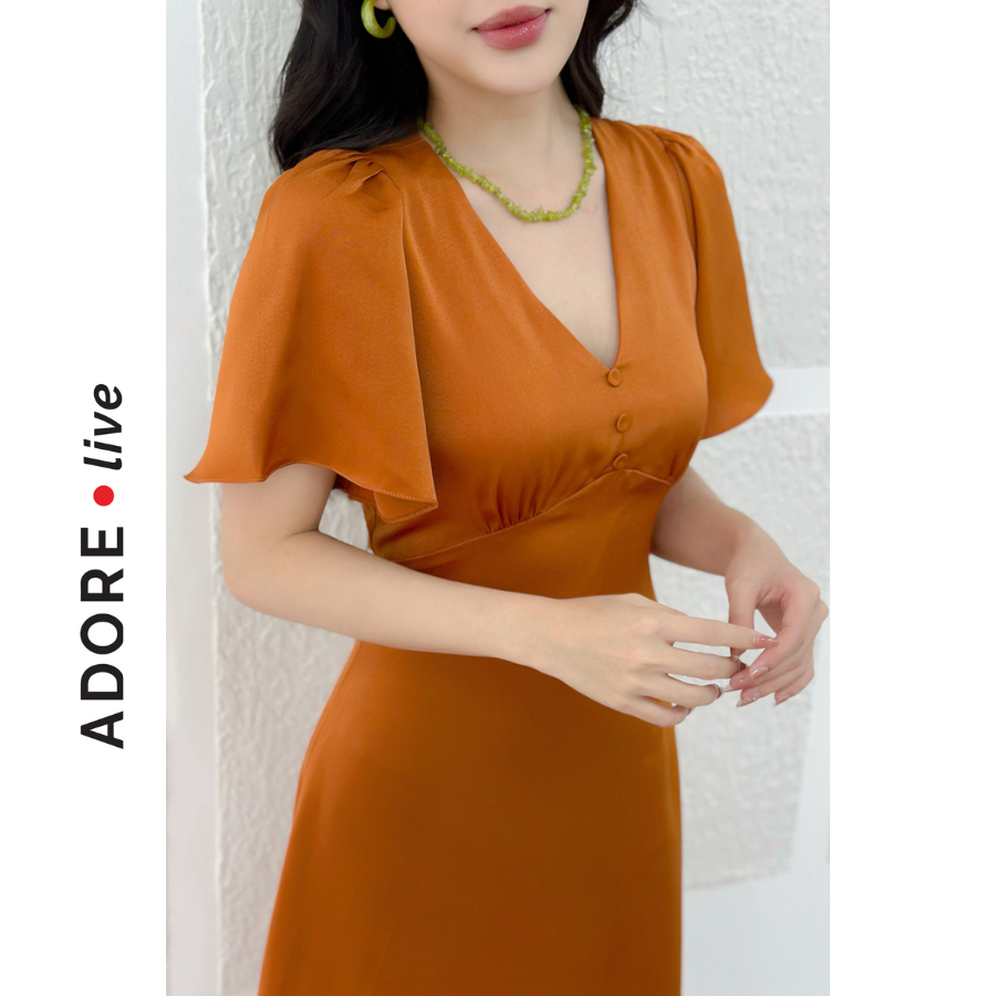 Đầm Midi lụa cổ v lụa 2 màu 2LVA2046 ADORE DRESS