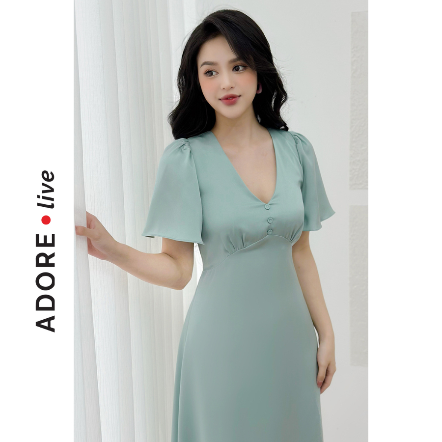 Đầm Midi lụa cổ v lụa 2 màu 2LVA2046 ADORE DRESS